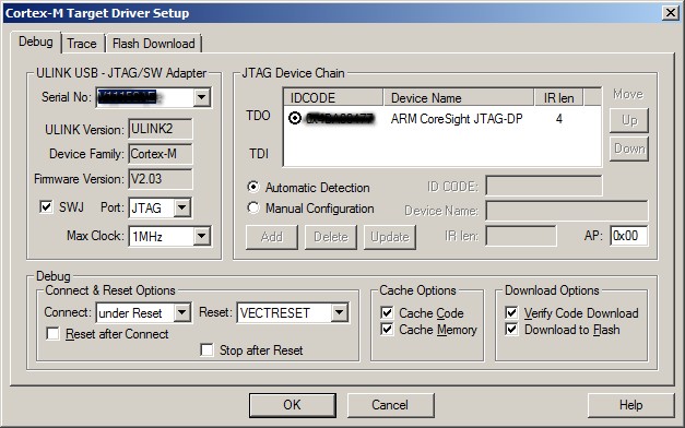 configuring a debug session to connect to the ARM Cortex-M processor