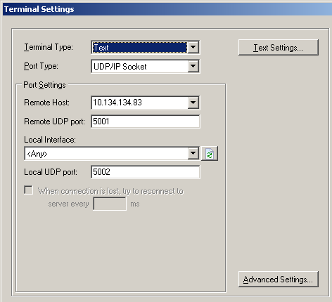 Configuring UDP settings to send to UDP port 5001 and receive from UDP port 5002