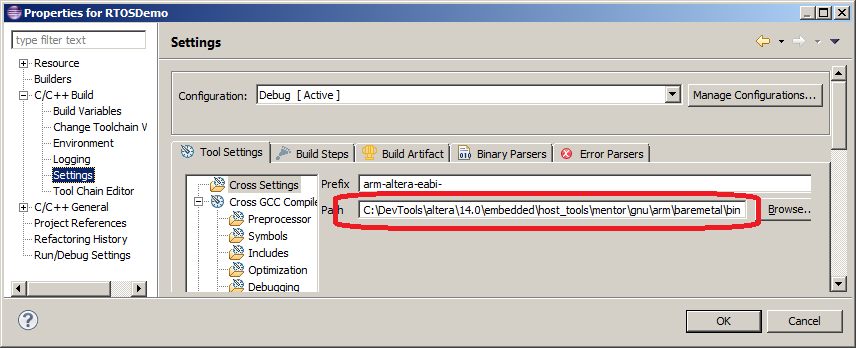 Setting the path to the compiler that builds the RTOS