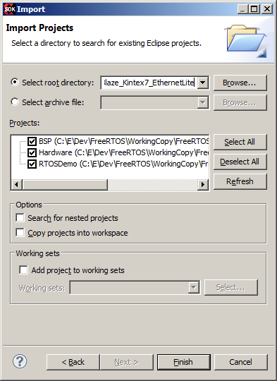 Importing the free ARM Cortex-A9 RTOS Demo Source project into the Xilinx SDK