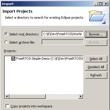 Selecting the ARM Cortex-M4 RTOSDemo for importing into Eclipse